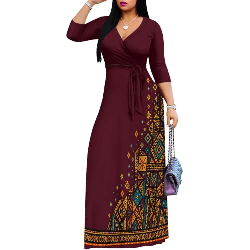 Image of Plus Size Maxi Dress for Women V Neck 3 /4 Sleeve Wrap Dress Wine XL | Wine Floral Women's Maxi Dress