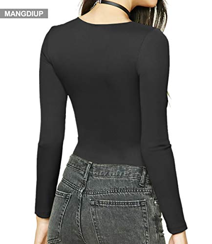 MANGDIUP Women's Long Sleeve Bodysuit Jumpsuit (Black, XXL)