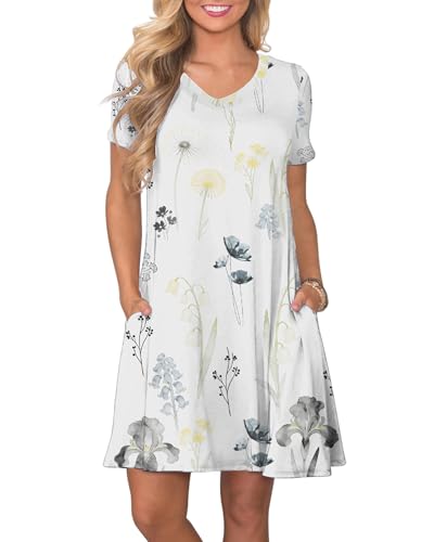 Image of COSSEN Women's Casual T Shirt Dress V-Neck Short Sleeves Swing Dresses Birthday Party Summer Travel Beach with Pocket