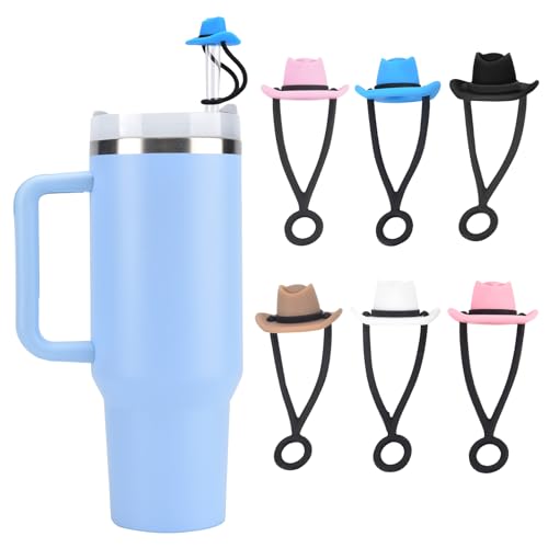 TOYORK 6 Pack Silicone Cowboy Hat Straw Covers Cap Compatible with Stanley Cup 30 40 oz,Cute Straw Toppers for 0.35-0.39 inch Staw Stanley Cup Accessories for Men Women Christmas Gift