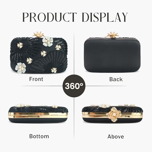 Image of Women Pearls Beaded Clutch Flower Sequins Evening Handbag Chain Strap Shoulder Bag