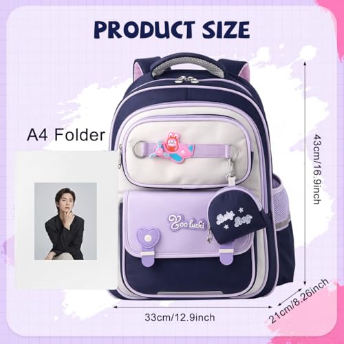 Image of PALAY School Bag for Girls Purple Blue Cartoon Backpack Waterproof Oxford Cloth Bookbag with Small Pouch Breathable Mesh Back Panel Stress Relief Daypack Children's Day Rakhi Gift for School Kids