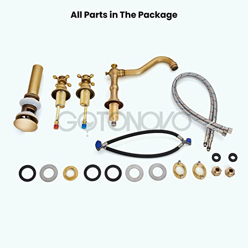 Widespread Bathroom Faucet Double Handle Mixer Tap For Bathtub Brushed Gold Antique Brass Three Hole Deck Mount Hot Cold Water Matching Pop Up Drain With Overflow #TOP6