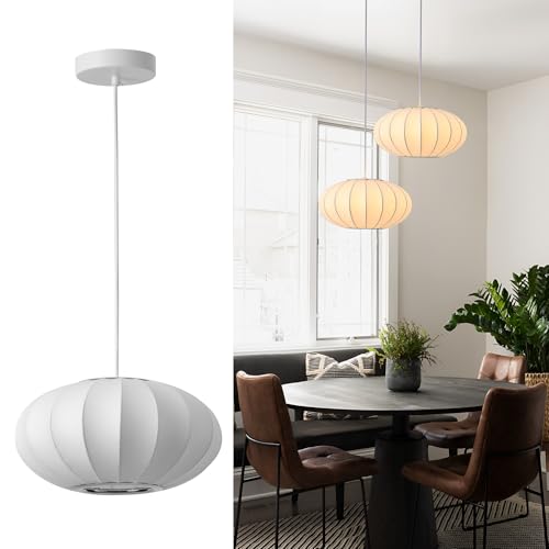 Image of 11.5in Small Lantern Pendant Light, Imitation Silk Lampshade, White Bubble Pendant Light, Large Hanging Lamp Simple Chandelier for Dinning Room Kitchen Island Bedroom Restaurant Cafe