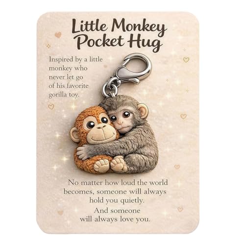 Joalpysm Pocket Hug Punch Monkey - Cadeau - Porte-clés en bois - Embrasse de sac porte-bonheur avec carte - Joli porte-clés singe - Cadeau pour amis et famille - Distributeur de réconfort