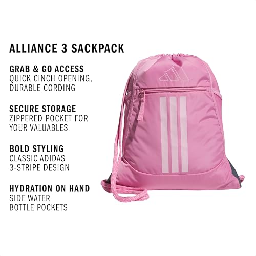 Image of adidas Alliance Sackpack - Drawstring Backpack Small Bag for Men and Women, 3 /Tropic Bloom /Clear Pink, One Size, Alliance Sackpack - Drawstring Backpack Small Bag for Men and Women