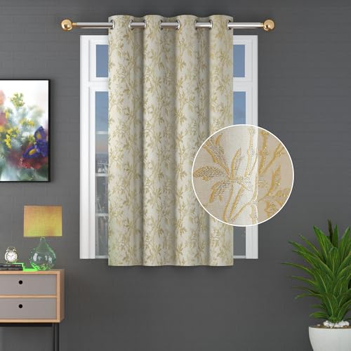 Image of FRESH FROM LOOM Heavy Jari Jacquard Premium Luxury Light Blocking Curtain 6 Feet Window | Floral Design | Semi Blackout | Anti-Shrink | Ring Top Curtain 6 Feet Window Parda (6feet, Golden, 1pc only)