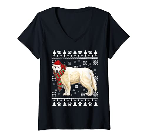 Womens Great Pyrenee Dog Santa Hat Xmas Ugly Christmas V-Neck T-Shirt, Black