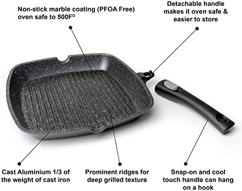Non-Stick Griddle Pan for All Hobs with Glove & Cloth. Aluminium Steak Pan (28cm) Marble Coating & Detachable Handle. Griddle Pan for Induction & Gas hobs. Induction Grill Pan for Oven