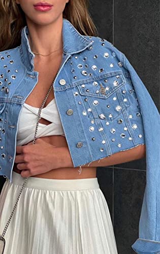 Jaqueta Cropped Jeans Bordada Pedraria Brilho (G)