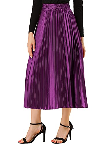 Allegra K Women s Zip Closure Party Accordion Midi Metallic Pleated Skirt Large Purple