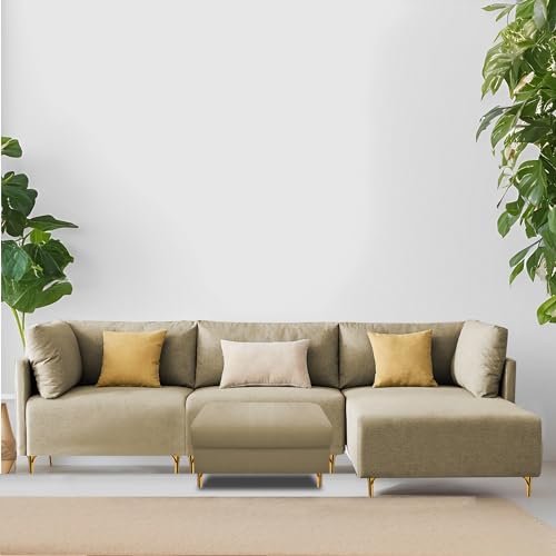 Image of Carina RHS 4 Seater L Shape Sofa Set with Center Table for Living Room (Cream Fabric) Premium Fabric Sofa