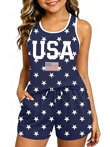 VVNTY Kids 4th of July USA 2 Piece Outfits: Girls 250 Anniversary USA Shirts and Shorts Set Patriotic Tank Tops 5-12 Years Blue