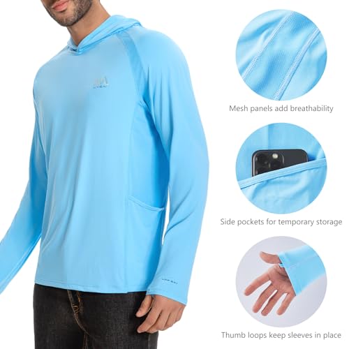 Image of Men's UPF 50+ Hoodie Shirt Long Sleeve Permanent UV Sun Protection Vented Tee Performance for Outdoor Hiking Fishing