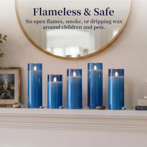 Image of Homemory Blue Flameless LED Pillar Candles with Remote Timer, Set of 9
