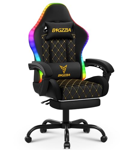 Racingreat RGB LED Gaming-Stuhl, Ergonomisch Gamer Chair mit Fußstütze/Kopfstütze/Lendenwirbelstütze, 90°-135° Neigung + Höhenverstellung + 360° Drehung, PC Stuh für Jugendliche Erwachsene (Schwarz)