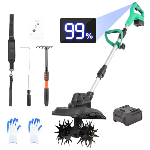 Motobineuse Électrique sans Fil 21V, Motoculteur Puissant 500W avec Moteur sans Balais Largeur 23cm Conception Pliable en 3 Sections, Écran LED & Bandoulière pour Jardin sans Batterie