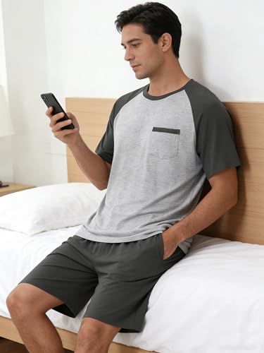 Image of Mens Pajamas Set Modal Soft Pajama Short Set Short Sleeve Pjs Sleepwear 2 Piece Lounge Set With Pockets S-3XL