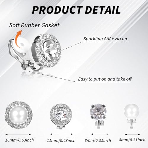 4 Pairs Cubic Zirconia Clip on Earrings Silver Rhinestone Fake Earrings Round Pearl Clip Earrings for Women Non Pierced Stud for Dance Stage Opera Performance Wedding Party Jewelry by Yolev - Used condition - Image 3