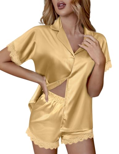 Image of Ekouaer Womens Lace Satin Pajama Set Button Down Pj Shorts Set Bridesmaids Getting Ready Outfits Casual Sleepwear XS-XXL
