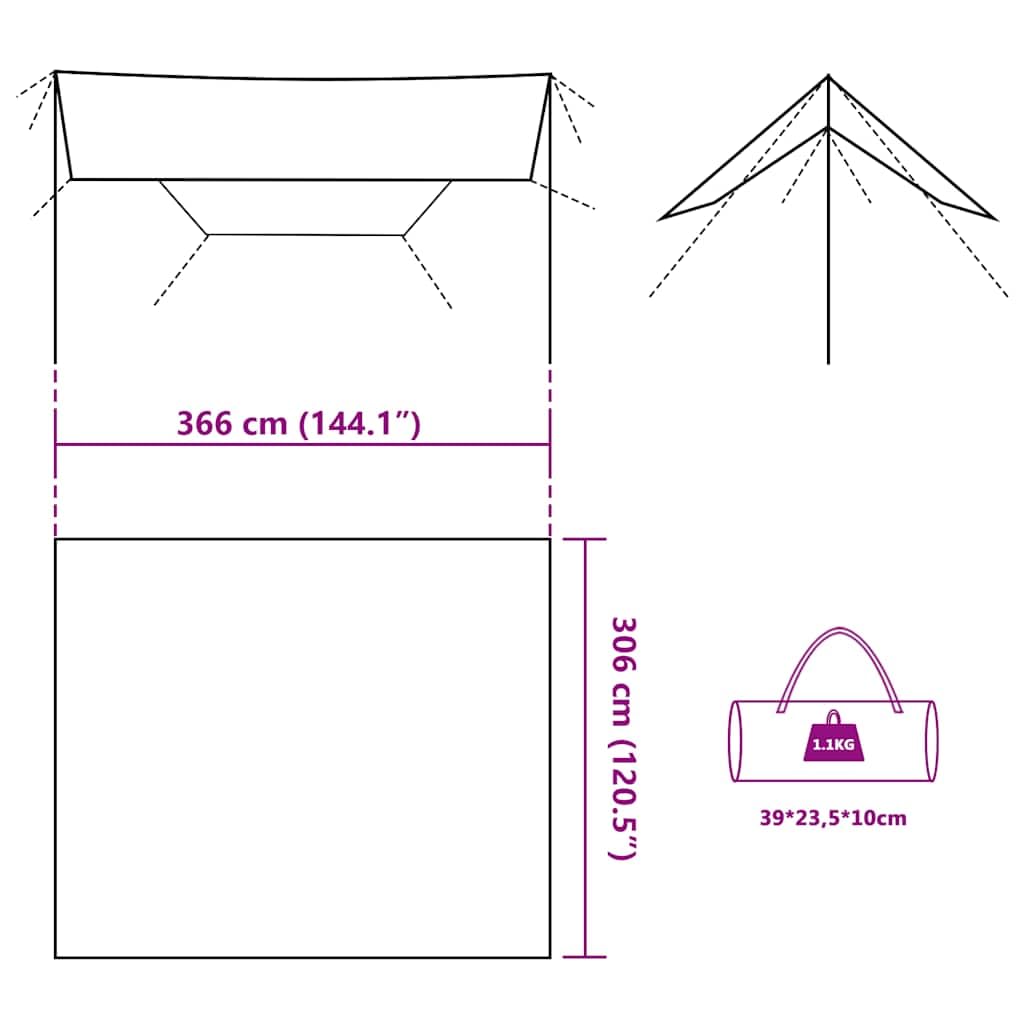 Camping Bâche, Bâche Anti-Pluie Rain Tarp Bivouac Toile de Tente Abri de Randonnée Imperméable Camouflage 366x306 cm imperméable