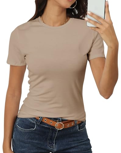 Roselux Women Short Sleeve Crew Neck Tops Classic-Fit Breathable Basic Shirts Casual Summer Tshirt Tee(Beige Tan S 3045)