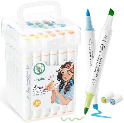 Ohuhu Washable Alcohol Markers Low-odor: Brush & Chisel Dual Tips Washable 36 Colors Low-odor Art Markers for Adults Coloring Illustration Comics - Kauai Series of Ohuhu