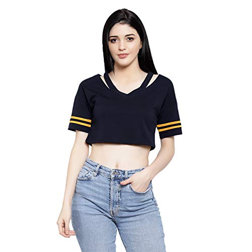 Image of LE BOURGEOIS Women Solid Loose Fit Desiger V-Neck Short Sleeve Dance Party Casul Crop Top