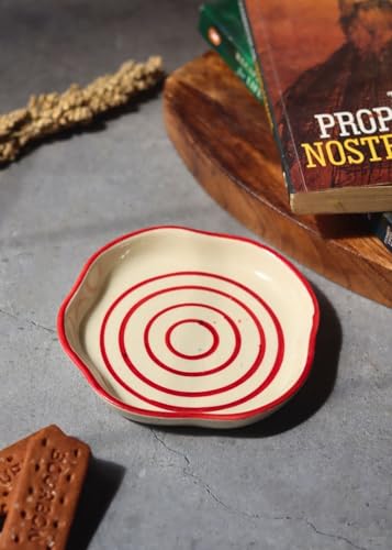 Image of WEAVING HOMES Red Lined Handmade Dessert Plate, Size: 11 cm Microwave & Dishwahsher Safe (Set of 1)