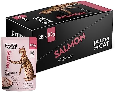PrimaCat - Classic Complete Wet Cat Food, Salmon in Gravy Flavoured Cat Food, Sterilized, 28 pack of 85g