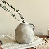 DOCFLVAS 5.6 Inch Handmade Rustic Ceramic Vase with Handle, White Grey Vintage Farmhouse Vase, Pottery Flower Vase for Living Room, Office, Thanksgiving Centerpieces
