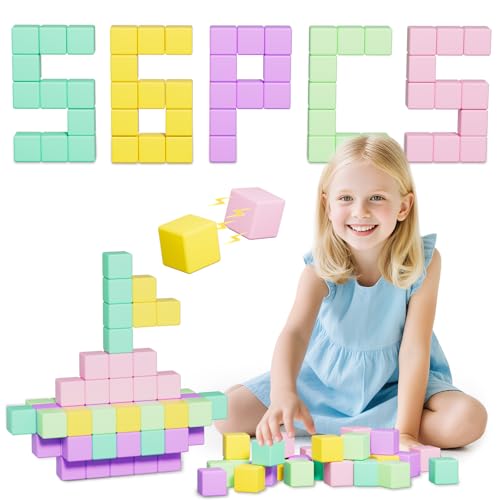 Image of Large Magnetic Blocks for kids ages 4-8-Toddler Toys,56PCS Big Magnet Building Blocks, STEM Sensory Travel Autism Montessori Toys for Boys&Girls, Learning Construction Magnetic Cubes for Birthday Gift