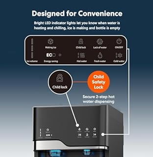 SOOPYK Self Clean Water Cooler Dispenser and Ice Maker Bottom Loading for 5 Gallon 3 Temperature Settings 22lbs Daily Capacity Ice Full Alert Night Light Black