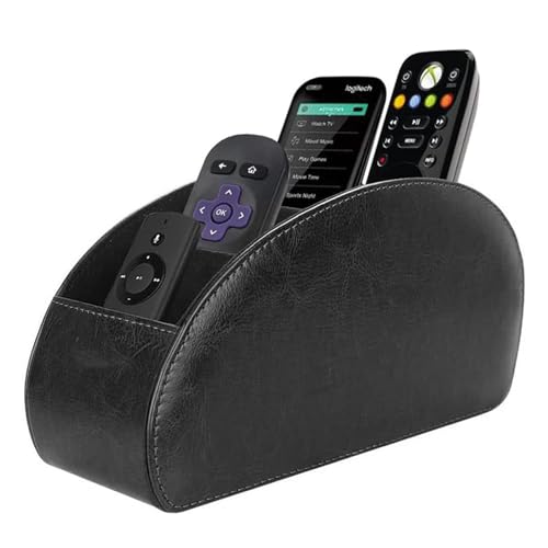 Lepat Remote Control Holder with 5 Compartments Pu Leather Desktop Organiser Storage Caddy for TV Remote Office Supplies Heater Controllers Media Player Makeup Brushes (Black)