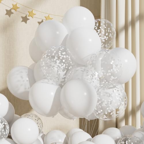 Image of White Latex Balloons: 55Pcs 12 inch White Confetti Party Balloons Mat Helium Latex Balloon Ribbons for Birthday Anniversary Valentine's Day Wedding Decoration