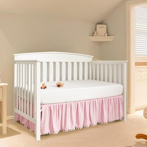 Ruffled Crib Skirt with Pompoms:Crib Bed Skirt with 14\" Drop,Mini Crib Bedding Toddler Skirt,Baby Crib Accessories for Baby Boys Girls,28\" X 52\" (Pink)