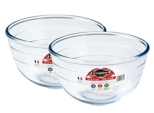 Ôcuisine® Bowl Glass Round Mixing & Prep Bowls | Extreme Resistance | Oven Safe - Freezer Safe - Microwave Safe | Borosilicate Glass | Made in France (Mixing Bowl 1LT (Pack of 2))