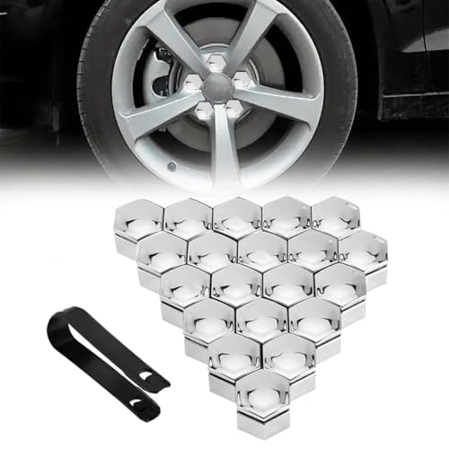 JEYORZY 20 pcs Capuchons d'écrou de Roue, 19 mm Anti-poussière Couvercle de Jante placage Hexagonal Chrome Boulon Couvre Roue Cache-écrous Bouchon d'Écrou de Roue avec 1 Outil Suppression, Argent
