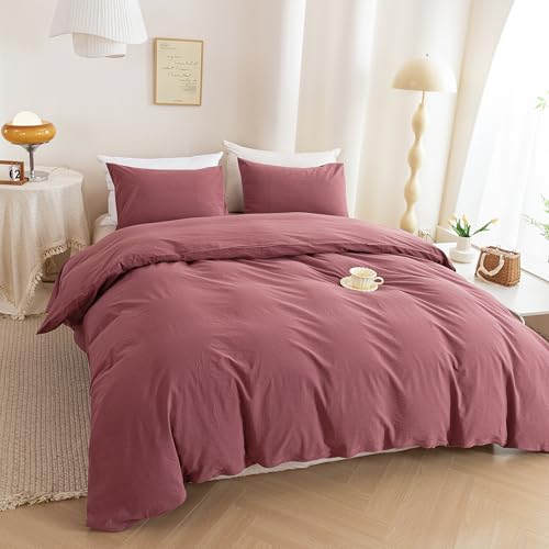 Image of ECOCOTT Duvet Cover King Size, 100% Washed Cotton Linen Feel Comforter Cover - 3pcs Dusty Rose Bedding Set with Zipper Closure & Corner Ties
