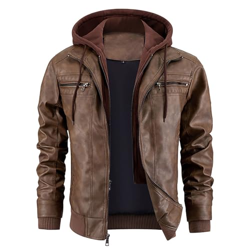 Zanisouta Veste en Cuir Velours pour Homme avec Col Montant, Veste en Cuir avec Capuche Amovible, Blouson Biker en Similicuir Décontracté, Veste en...