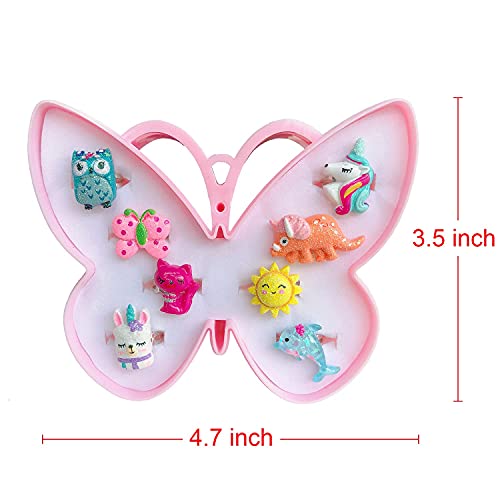 Elemirsa 8Pcs Little Girl Jewel Rings Adjustable Costume Princess Pretend Play And Dress Up Rings For Girl Toddlers Teens Children's Jewelry Set Toy Butterfly Box #TOP5