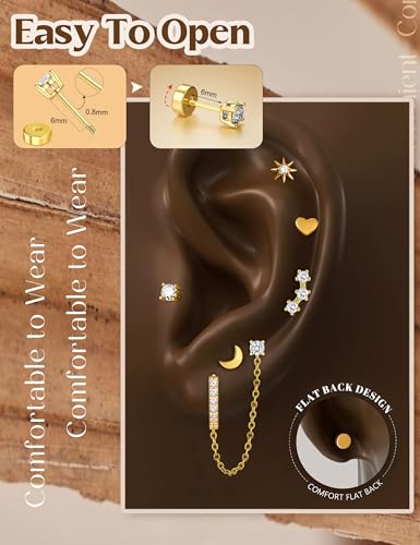 YADOCA Gold Flat Back Earrings for Women, 14K Gold Plated Trendy Cartilage Earring Sets for Multiple Piercing Hypoallergenic Small Huggie Hoop Earrings Stacks with Dangle Chain Dainty Gold Stud Earrings3