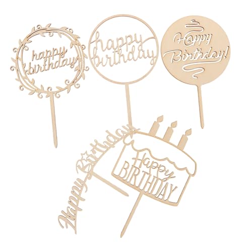 DECORNIJIA Adornos para Tartas de Feliz Cumpleaños de Madera Natural, Set 5 Piezas para Decoración de Pasteles y Cupcakes en Fiestas y Shower