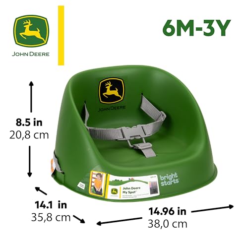 Image of Bright Starts John Deere My Spot Easy-Clean Booster Seat, Portable Dining Chair Booster with 3-Point Harness, Green, 6 Months - Toddler
