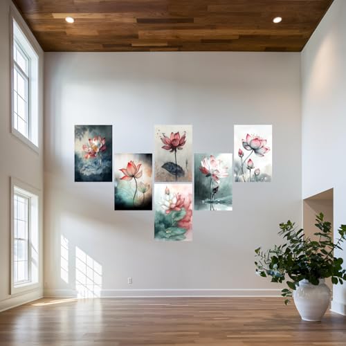 Image of SiddArtify Lotus Flower Wall Art Prints Set - Botanical Poster Decor for Living Room Bedroom Office - 12x18 inch Sticker Pack of 6