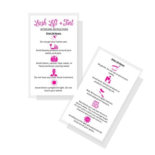 Lash Lift + Tint Aftercare Instruction Cards | 50 Pack | 2 x 3.5” inches Business Card Size | Eyelash Lift and Tint Kit at Home DIY aftercare Supplies | White with Pink Icon Design