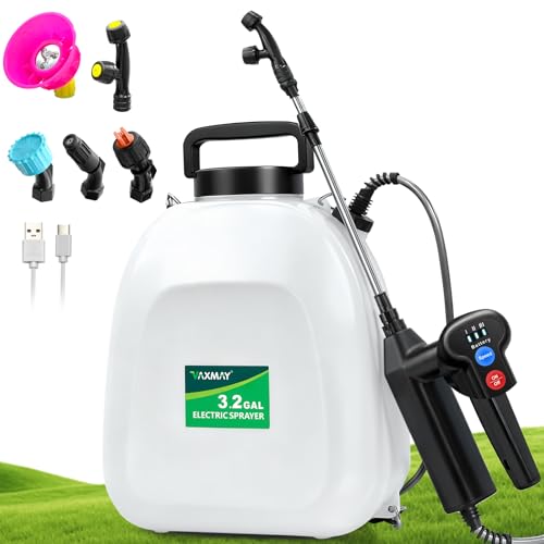 VAXMAY Battery Powered Sprayer 3.2 Gallon, Backpack Sprayer with 3 Adjustable Forces, Battery Indicator, 5 Mist Nozzles, 41' Retractable Wand, USB Rechargeable Garden Sprayer for Weed Lawn Yard