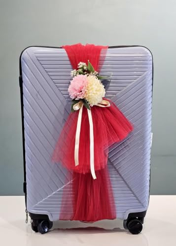 Image of SATYAM KRAFT 8 Pcs Adjustable Suitcase Net Band Reusable Ready-to-Use with Artificial Flower Bunch Trolley Bag Decoration, Suitcase & Wedding Decor, Gifting, Crafting, Wrapping, DIY Craft (Pack of 4) (Red)
