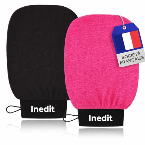 Gant Exfoliant Kessa - Gant De Crin - Gants Gommage Corps Et Visage - Nettoie Et Purifie En Profondeur Les Cellules Mortes, avec ou sans Savon Noir (Noir/Rose, standard)