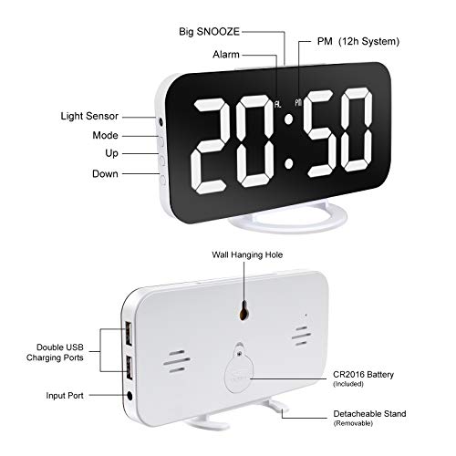 Image of Digital Alarm Clock,Lamisola Large LED Mirror Display, 2 USB Charging Ports,Auto Dim Mode,Modern Design Clock for Bedroom Office, White